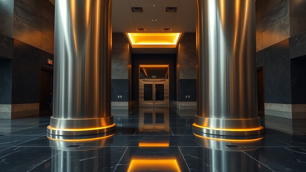 Solana vs Ethereum en 2026 : performances, écosystème, choix 1 Deux colonnes d'acier brossé parallèles dans un hall institutionnel, sol marbre navy, lumière ambre dorée