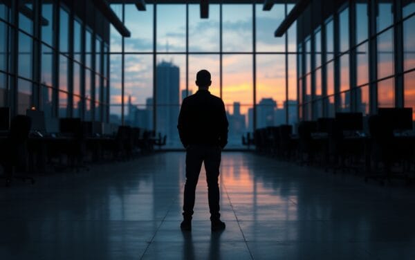 Salle des marchés vide au crépuscule, silhouette d'analyste de dos face aux fenêtres d'une tour de bureaux