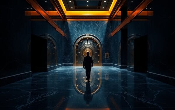 Hall en marbre d'un trésor institutionnel, silhouette au loin marchant vers une porte de coffre-fort en acier entrouverte