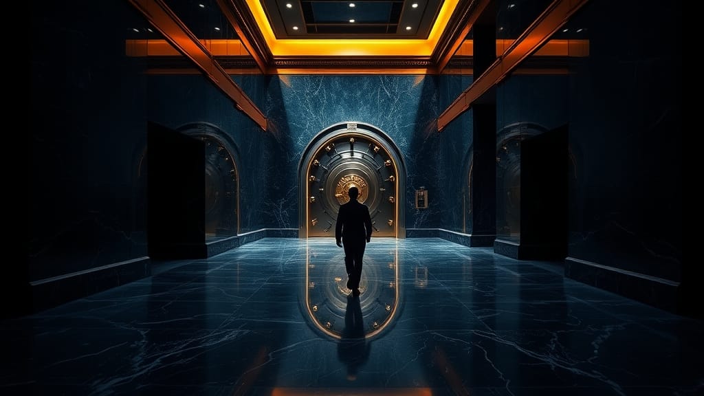 Hall en marbre d'un trésor institutionnel, silhouette au loin marchant vers une porte de coffre-fort en acier entrouverte