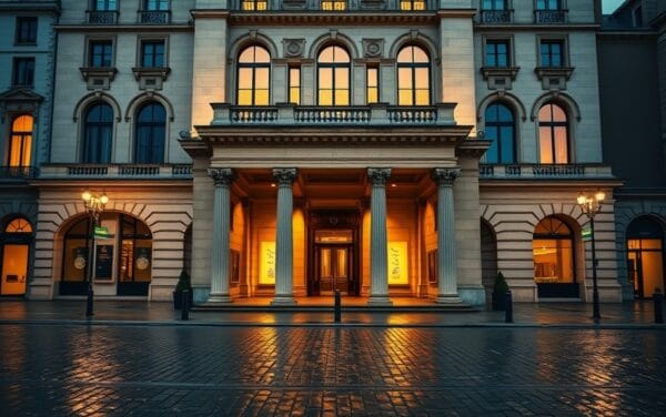 Façade d'un siège bancaire européen au crépuscule, plaza pavée déserte, lumière ambrée à l'entrée.