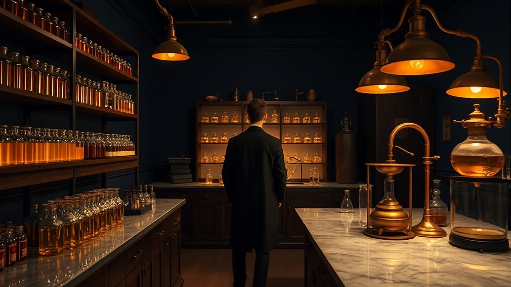 Laboratoire feutré aux fioles ambrées et cuivres patinés, métaphore d'un instrument financier que l'on songe à rebaptiser.