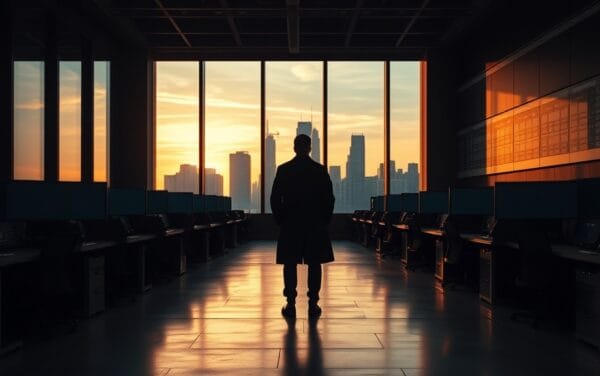 Salle des marchés vide à l'aube, silhouette d'analyste face à la skyline éclairée d'ambre