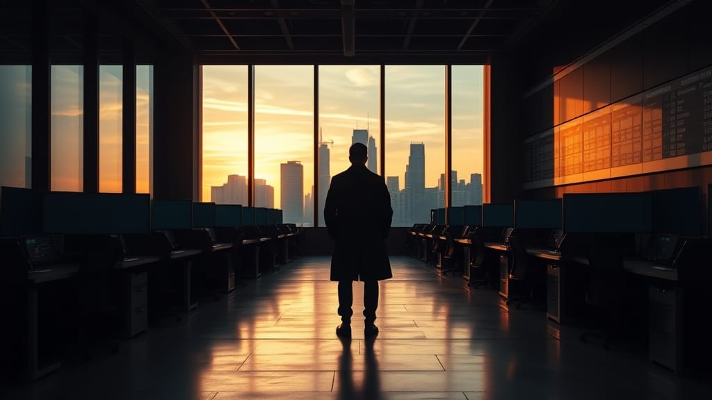 Stablecoins et RWA : CZ de Binance admet son erreur 1 Salle des marchés vide à l'aube, silhouette d'analyste face à la skyline éclairée d'ambre