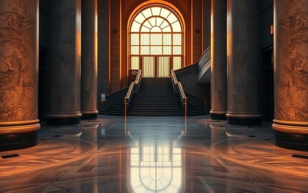 Hall vide d'une banque centrale au crépuscule, colonnes de pierre et escalier courbé en lumière ambrée.