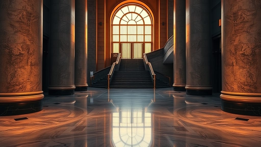 Stablecoins : la BCEAO craint la perte du contrôle monétaire 1 Hall vide d'une banque centrale au crépuscule, colonnes de pierre et escalier courbé en lumière ambrée.