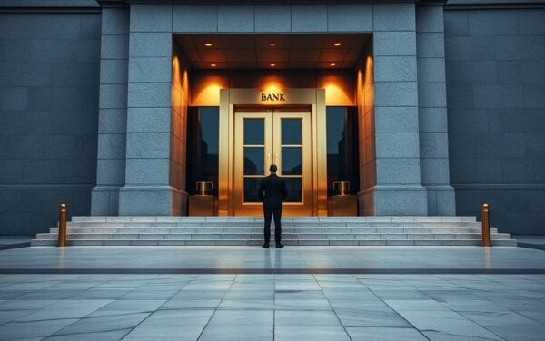 Façade institutionnelle en granit à l'aube, silhouette d'un homme en costume vue de dos sur la place vide.