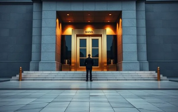 Façade institutionnelle en granit à l'aube, silhouette d'un homme en costume vue de dos sur la place vide.