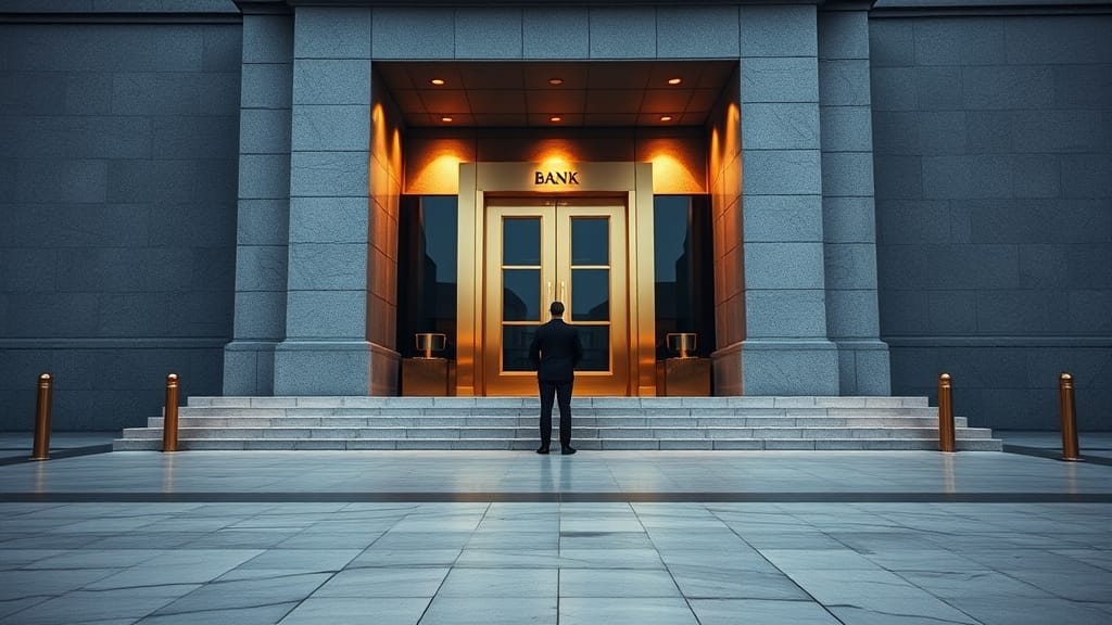 Façade institutionnelle en granit à l'aube, silhouette d'un homme en costume vue de dos sur la place vide.