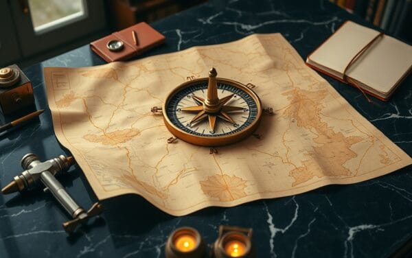 Boussole en cuivre posée sur une carte aux chemins dorés, ambiance navy et ambre, symbole de navigation entre deux blockchains.