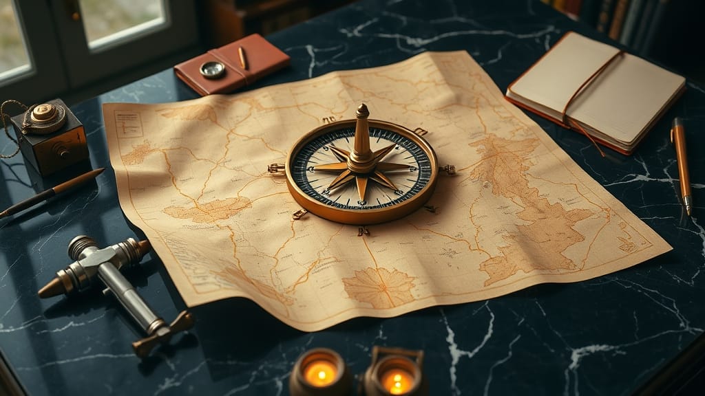 Boussole en cuivre posée sur une carte aux chemins dorés, ambiance navy et ambre, symbole de navigation entre deux blockchains.