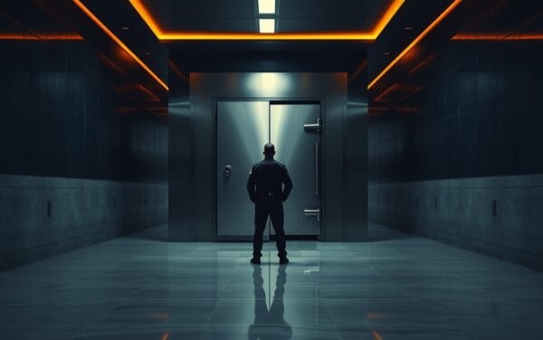 Porte de coffre-fort en acier brossé entrouverte dans un couloir institutionnel sombre aux reflets cuivrés