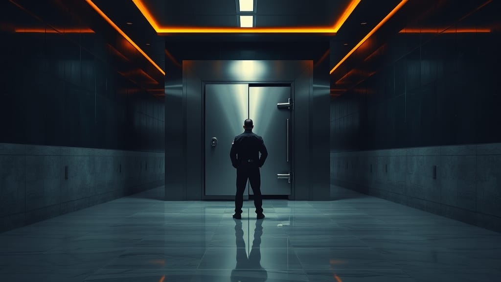 Porte de coffre-fort en acier brossé entrouverte dans un couloir institutionnel sombre aux reflets cuivrés