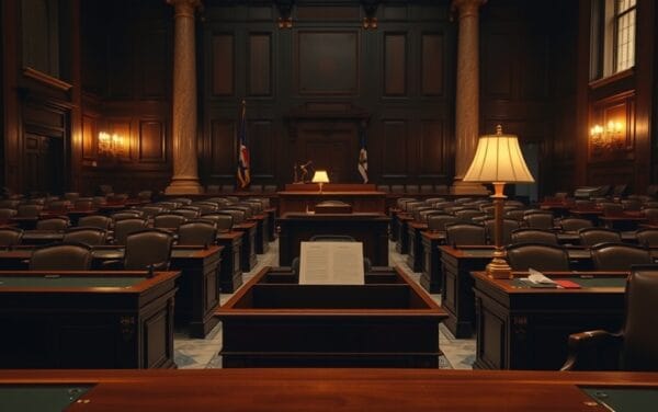 Salle de commission sénatoriale américaine vide à l'aube, dossier fermé sur bureau en bois sombre, lumière dorée tamisée.