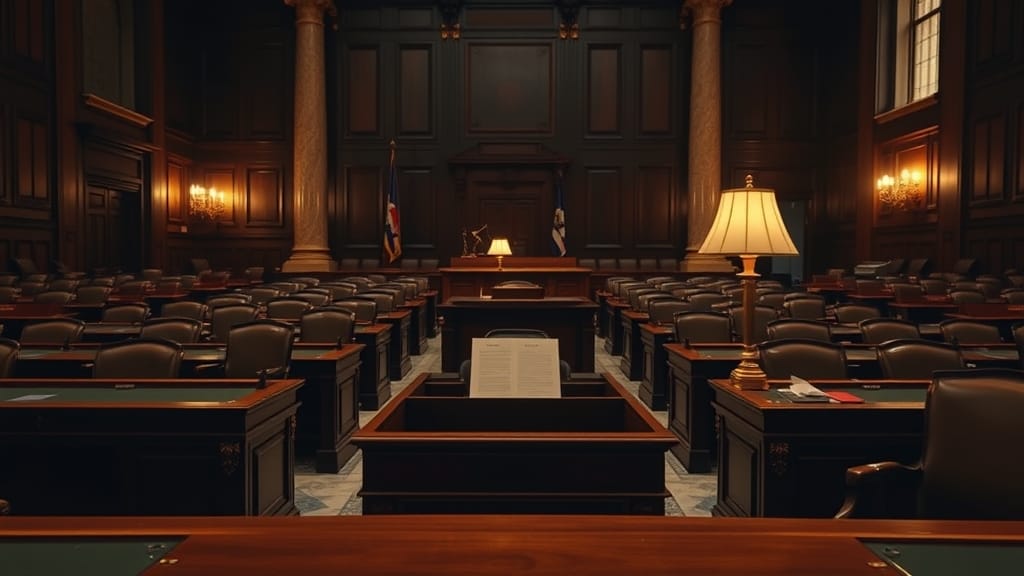 Salle de commission sénatoriale américaine vide à l'aube, dossier fermé sur bureau en bois sombre, lumière dorée tamisée.