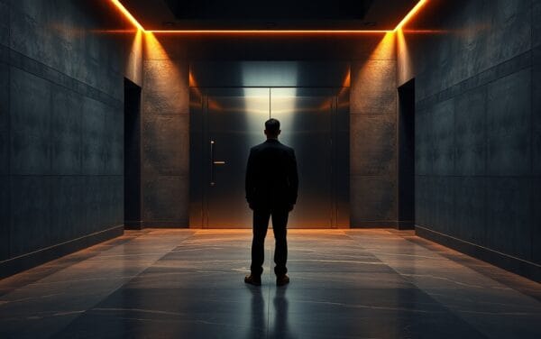 Porte de coffre-fort blindée entrouverte dans un couloir institutionnel, silhouette d'analyste de dos.