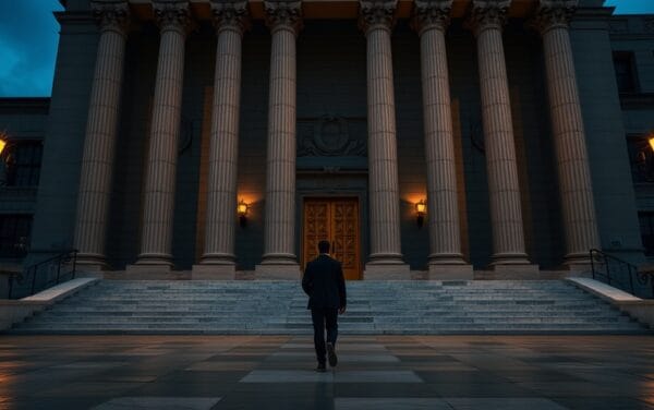 Façade institutionnelle néoclassique au crépuscule, silhouette de dos montant les marches vers une lourde porte en bronze.