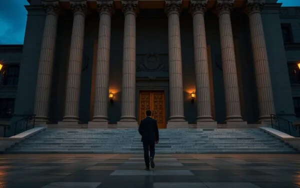 Façade institutionnelle néoclassique au crépuscule, silhouette de dos montant les marches vers une lourde porte en bronze.