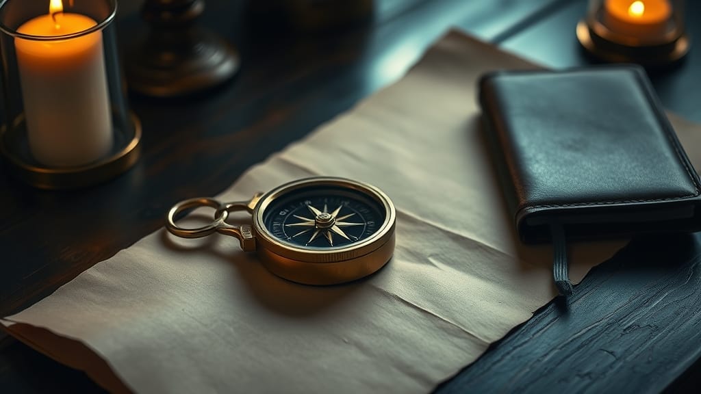 Traders délaissent Bitcoin pour les stablecoins USDT et USDC 1 Boussole en laiton posée sur un parchemin ancien, éclairée par une lumière ambrée sur un bureau en bois sombre.