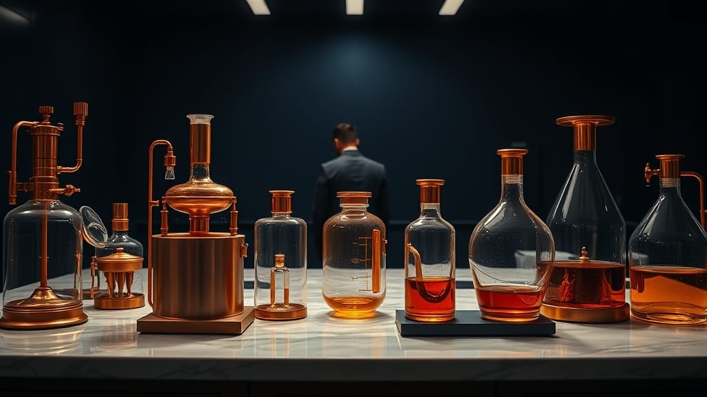 USBD : Boundary Labs lève 2 M$ pour stablecoin vérifiable 1 Instruments cuivrés et flacons ambrés sur comptoir en marbre, silhouette d'analyste de dos en arrière-plan feutré.