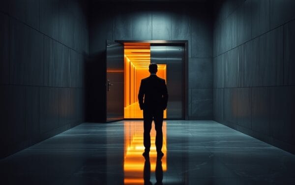 Couloir institutionnel sombre avec porte de coffre en acier brossé entrouverte, silhouette d'analyste de dos au loin.