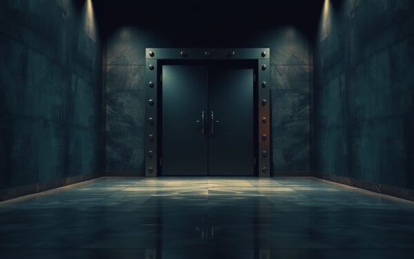 Porte de coffre-fort en acier entrouverte dans un couloir institutionnel sombre, ambiance navy et reflets ambre