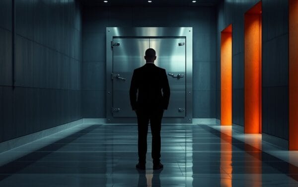 Couloir institutionnel sombre avec une lourde porte de coffre en acier brossé entrouverte, silhouette d'un analyste de dos au loin.