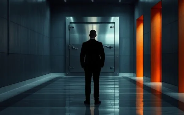 Couloir institutionnel sombre avec une lourde porte de coffre en acier brossé entrouverte, silhouette d'un analyste de dos au loin.
