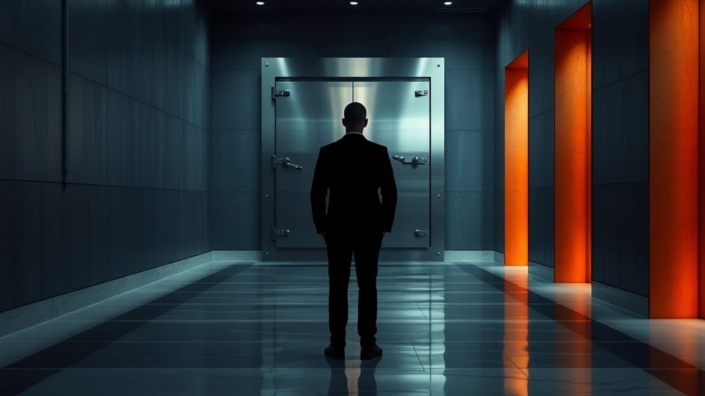 Vitalik Buterin : la vérification IA peut sécuriser les réseaux crypto 1 Couloir institutionnel sombre avec une lourde porte de coffre en acier brossé entrouverte, silhouette d'un analyste de dos au loin.