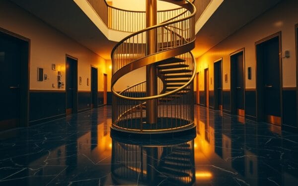 Escalier en spirale de marbre et laiton dans un grand hall institutionnel, lumière dorée chaude sur fond bleu nuit