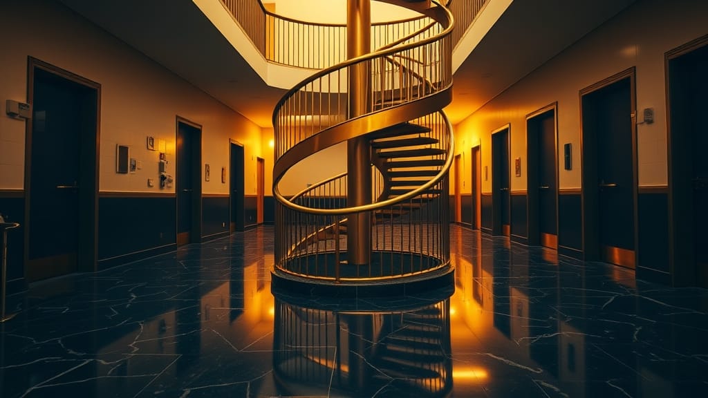 Escalier en spirale de marbre et laiton dans un grand hall institutionnel, lumière dorée chaude sur fond bleu nuit