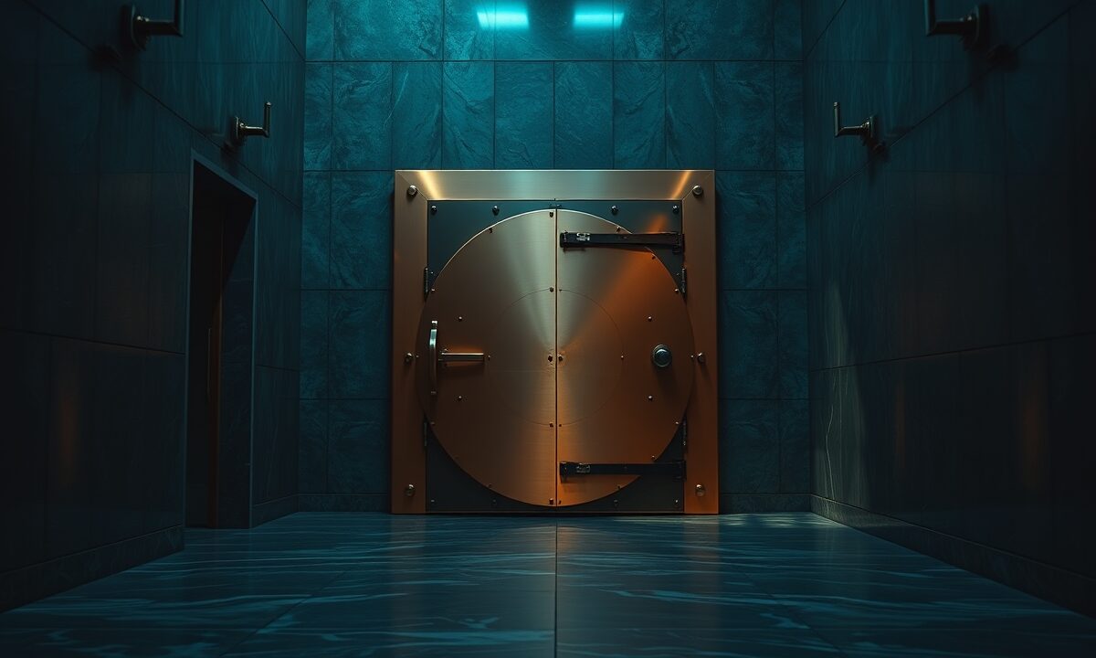 Porte de coffre en cuivre entrouverte dans un couloir institutionnel sombre aux murs de béton teal et sol en marbre poli.