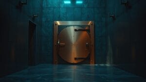 XRPL contre flash loans : 2,8 Md$ pillés depuis 2021 17 Porte de coffre en cuivre entrouverte dans un couloir institutionnel sombre aux murs de béton teal et sol en marbre poli.