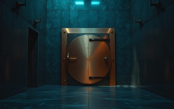 Porte de coffre en cuivre entrouverte dans un couloir institutionnel sombre aux murs de béton teal et sol en marbre poli.