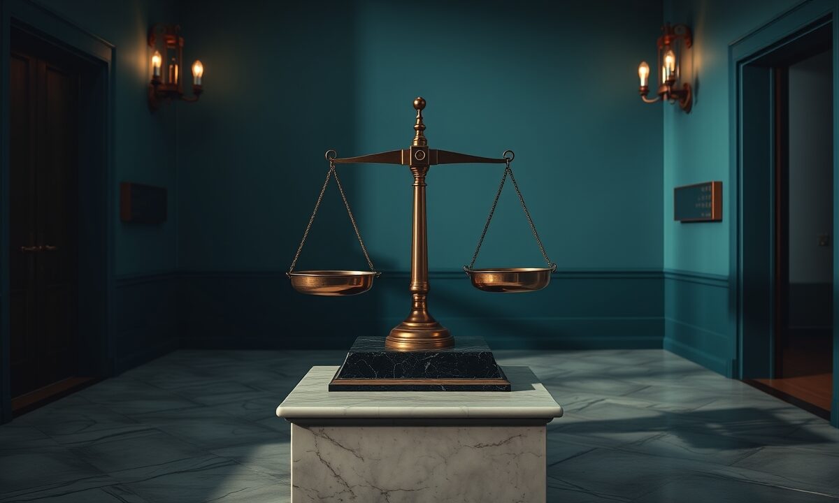 Balance en cuivre légèrement déséquilibrée sur un piédestal de marbre dans un hall institutionnel sombre.