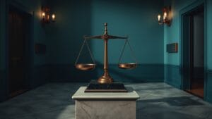 79 M$ Polymarket en jeu : Strategy a vendu 32 bitcoins fin mai 6 Balance en cuivre légèrement déséquilibrée sur un piédestal de marbre dans un hall institutionnel sombre.