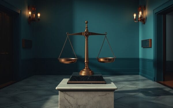 Balance en cuivre légèrement déséquilibrée sur un piédestal de marbre dans un hall institutionnel sombre.