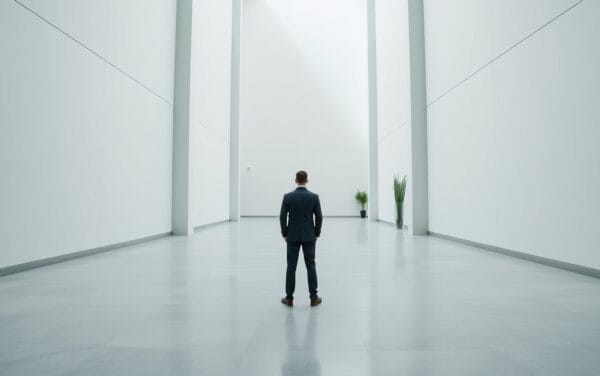 Atrium corporate lumineux aux accents émeraude, silhouette d'un cadre de dos au loin