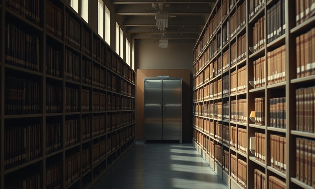 Couloir d'archives institutionnelles en fin de journée, porte d'armoire blindée entrouverte au fond du couloir.