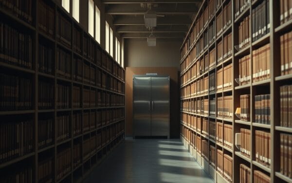 Couloir d'archives institutionnelles en fin de journée, porte d'armoire blindée entrouverte au fond du couloir.