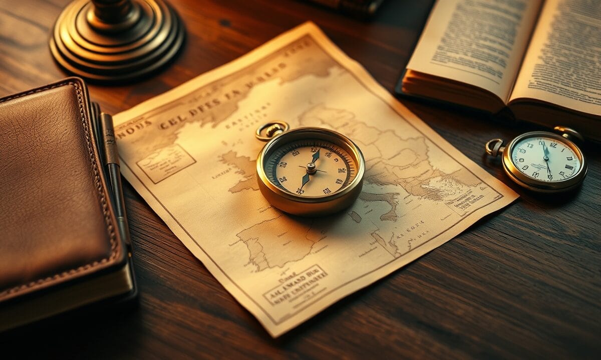 Boussole en laiton posée sur une carte ancienne à côté d'un carnet de cuir, ambiance sépia et lumière chaude.