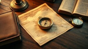 Acheter du XRP en France en 2026 : guide pas à pas 4 Boussole en laiton posée sur une carte ancienne à côté d'un carnet de cuir, ambiance sépia et lumière chaude.