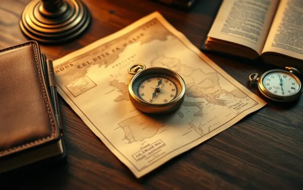 Boussole en laiton posée sur une carte ancienne à côté d'un carnet de cuir, ambiance sépia et lumière chaude.