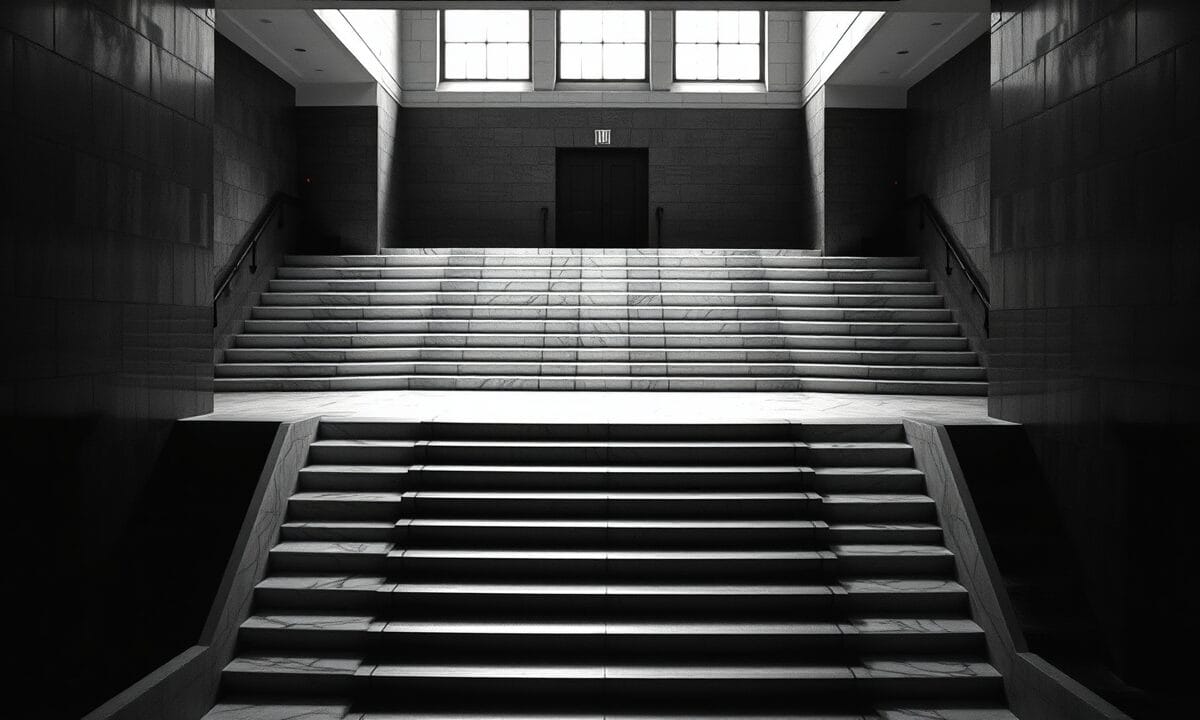 Acheter du XRP (Ripple) en 2026 : guide complet débutant 1 Escalier en spirale en marbre clair dans un hall institutionnel, photographie monochrome contrastée.