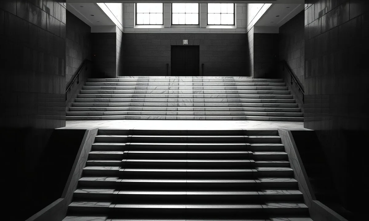 XRP et Ripple en 2026 : le guide pour débuter 1 Escalier en spirale en marbre clair dans un hall institutionnel, photographie monochrome contrastée.