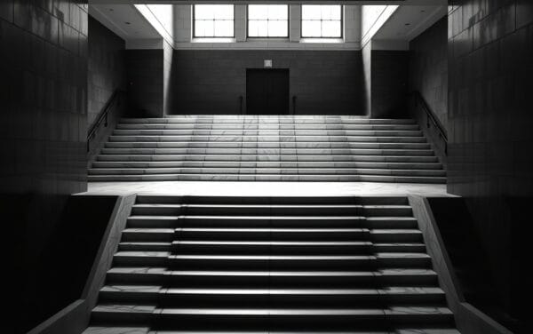 Escalier en spirale en marbre clair dans un hall institutionnel, photographie monochrome contrastée.