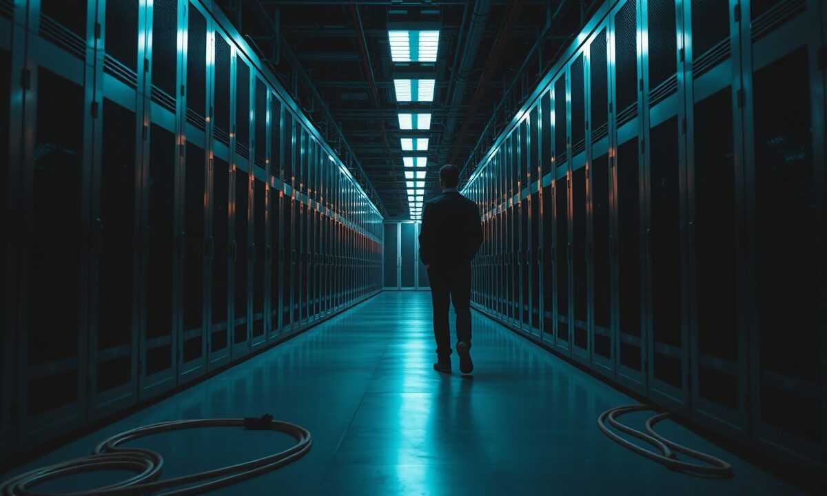 Agent IA, 6 531 $ et un wallet ETH : la fin de l'autonomie naïve 1 Couloir sombre de salle serveurs avec silhouette d'ingénieur de dos, baies métalliques et reflets cuivrés.