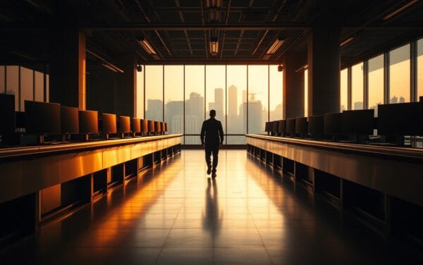 Salle des marchés vide à l'aube, silhouette d'analyste de dos, lumière ambre sur acier brossé.