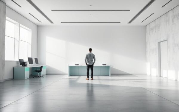 Salle de trading vide à l'aube, silhouette d'un trader de dos sur sol en béton clair.