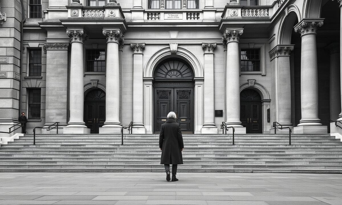 Façade institutionnelle londonienne en noir et blanc, escalier vide menant à des portes massives, silhouette de dos au loin.